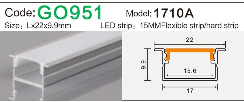 Alluminu 1710A LED Aluminum Profile 22x9.9mm