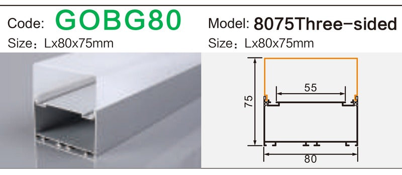 Alluminu 8075 Three-sided LED Aluminum Profile 80x75mm