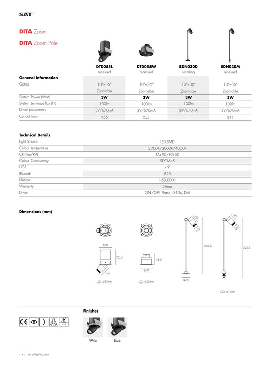 DITA DITA Zoom Pole Wall 3W - SAT Lighting