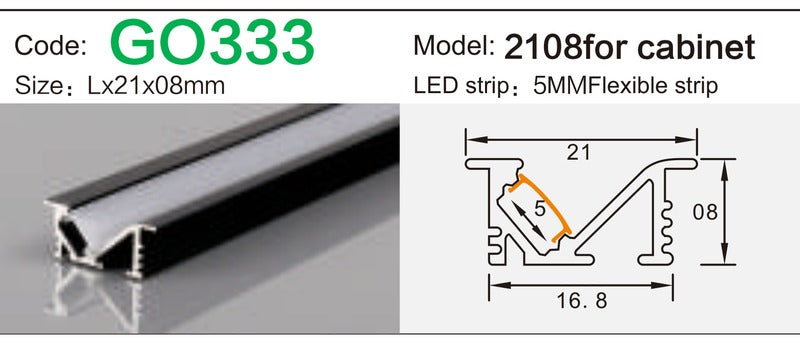 Alluminu 2108 for cabinet LED Aluminum Profile 21x8mm