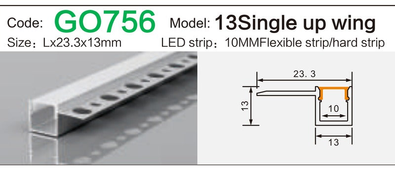 Alluminu 13 Single up wing LED Aluminum Profile 23.3x13mm