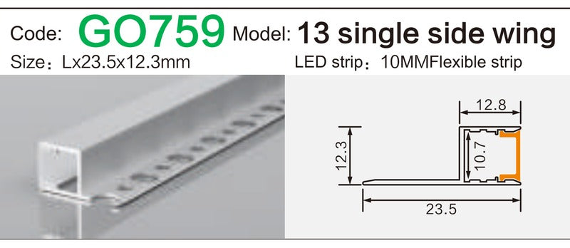 Alluminu 13 single side wing LED Aluminum Profile 23.5x12.3mm